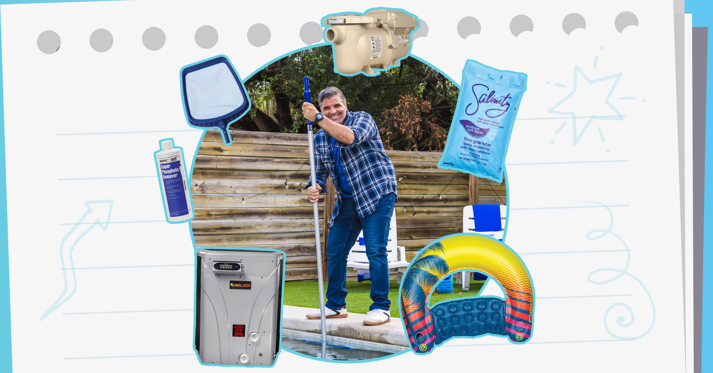 Smiling man cleaning a backyard pool surrounded by pool supplies and equipment.