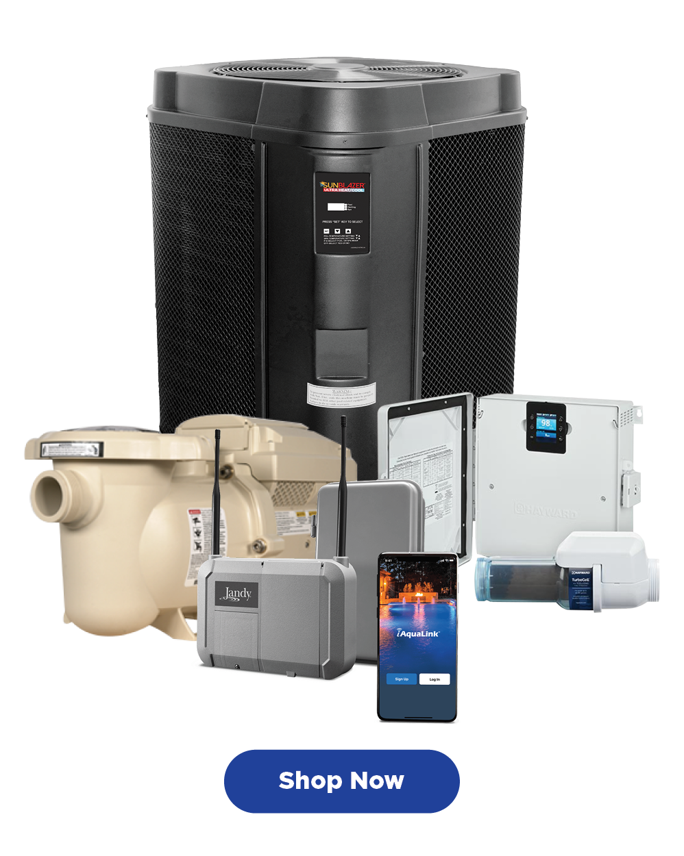 Pool equipment assortment featuring a heat pump, pool pump, automation system, and salt cell.