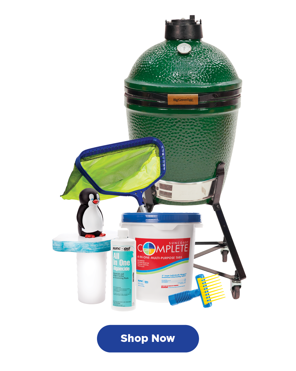 Big Green Egg grill displayed with pool supplies including algaecide, tabs, skimmer, and thermometer toy.Holiday gift display featuring a Big Green Egg grill surrounded by pool care products including Suncoast Complete 4-in-One Multi-Purpose Tabs, Suncoast Gold container, natural wood charcoal, a pool skimmer with a penguin thermometer, and wrapped gift boxes, all under festive pine branches with red ornaments and gold ribbon.