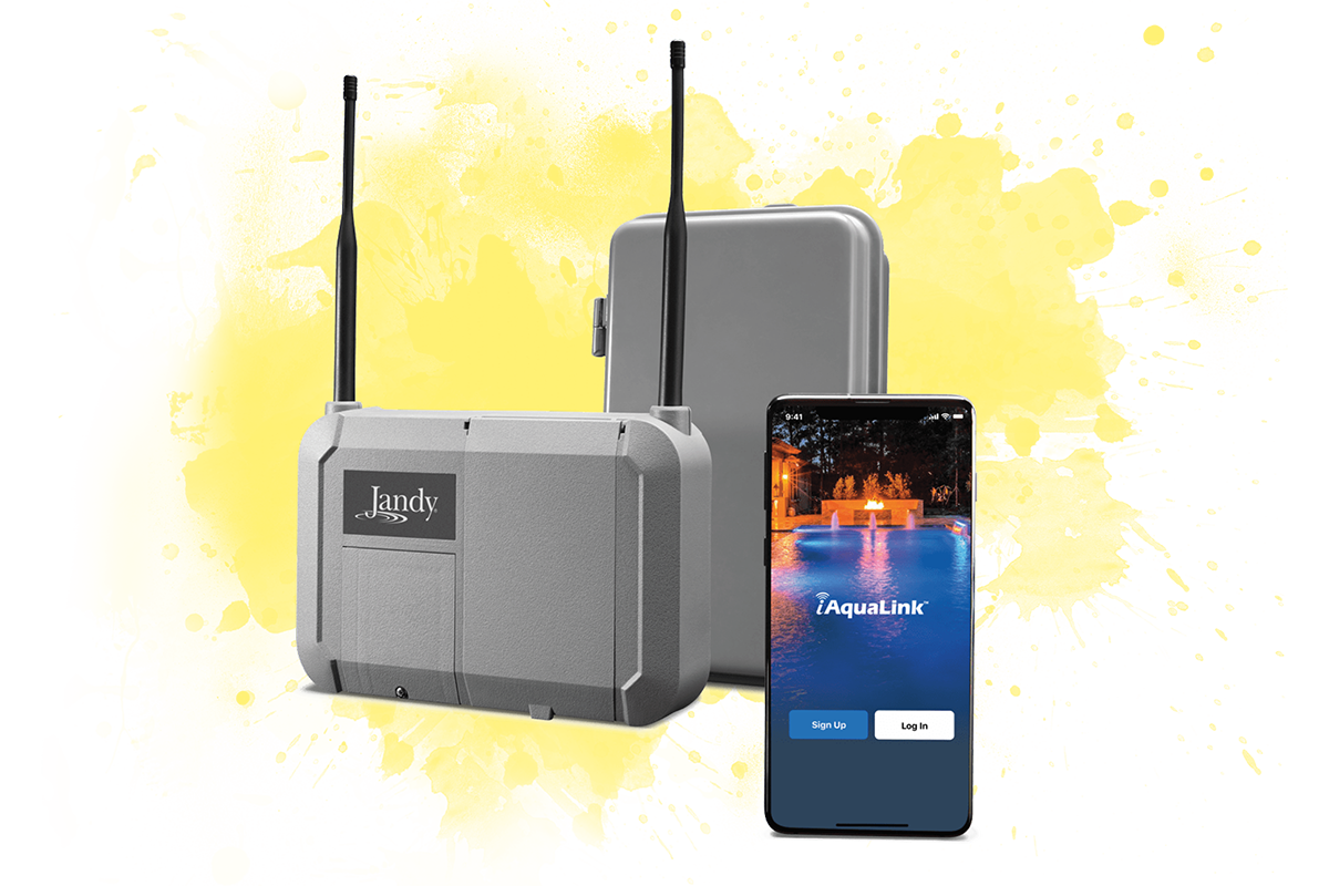 Cartoon illustration of pool automation equipment with a control panel and mobile app interface for managing pool systems