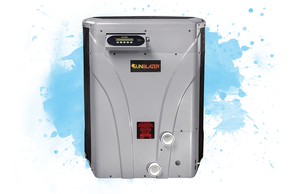 Cartoon illustration of a pool heater unit designed to regulate and maintain water temperature