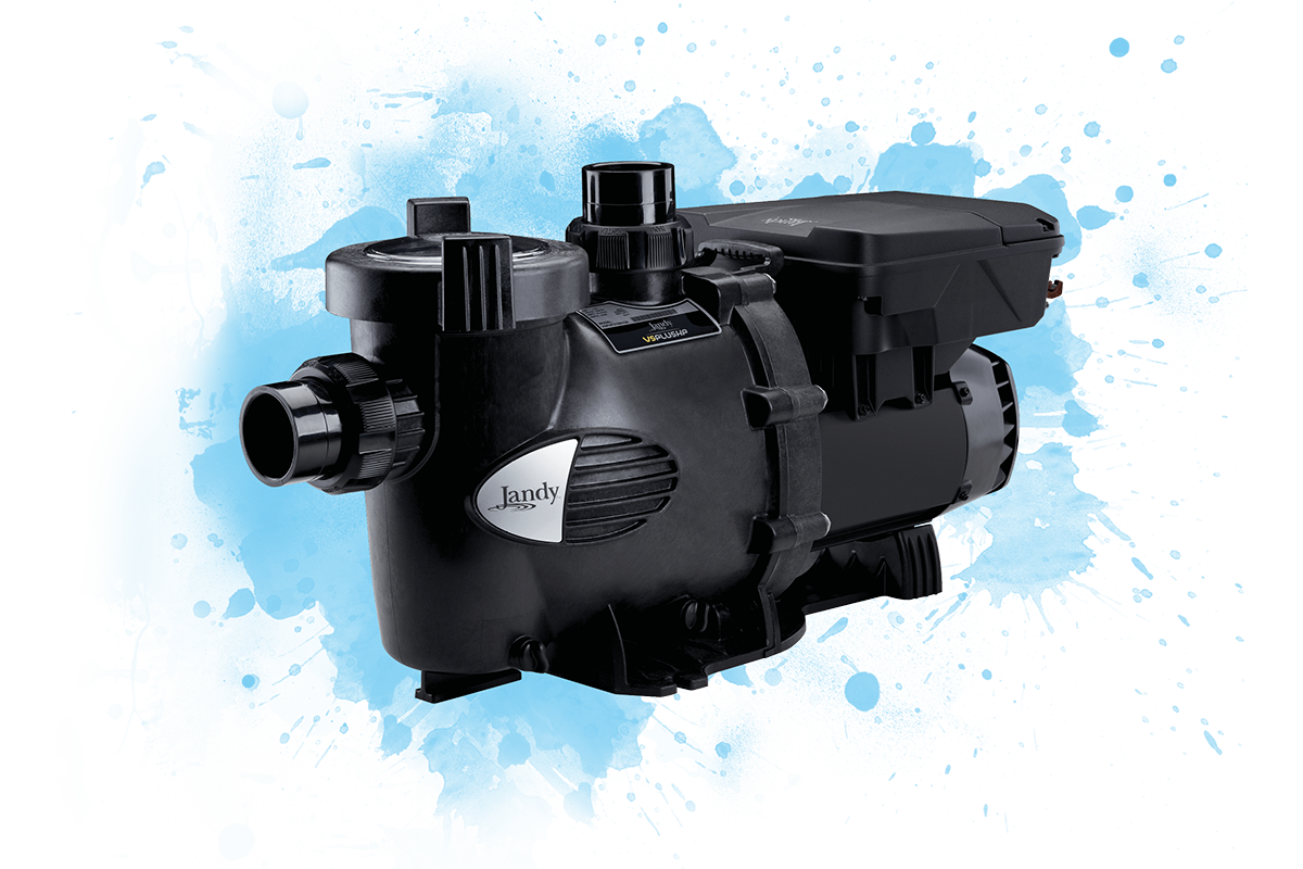 Cartoon illustration of pool automation equipment with a control panel and mobile app interface for managing pool systems