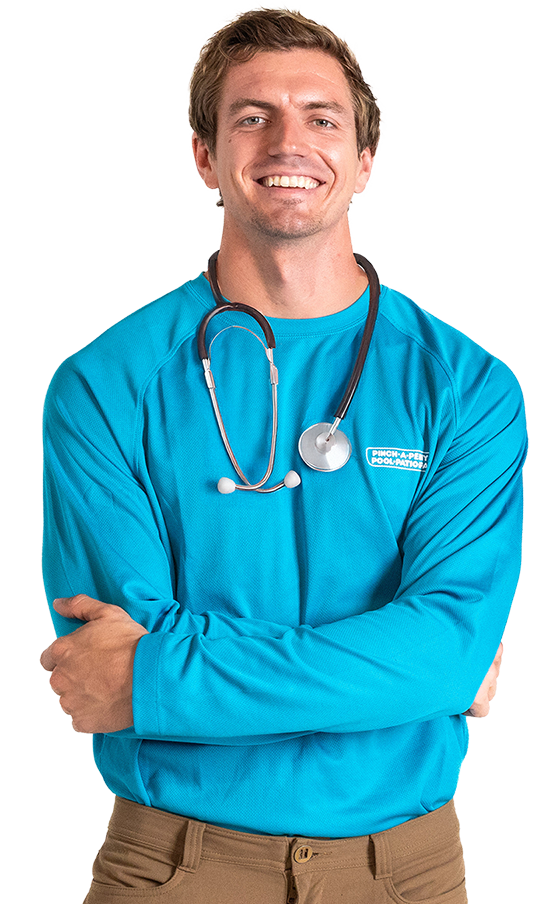 Cartoon illustration of a pool professional holding a skimmer, representing overall pool care and maintenance