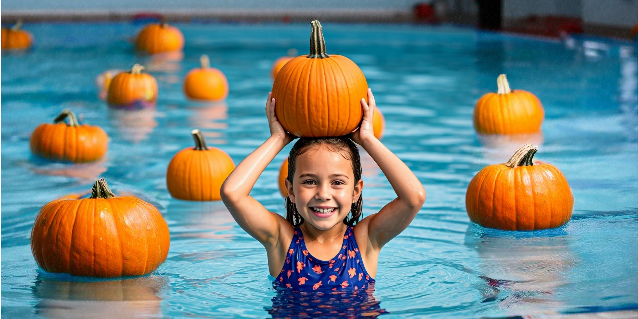 Young girl in the pool with floating pumpkins