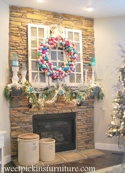 pool noodle wreath over fireplace